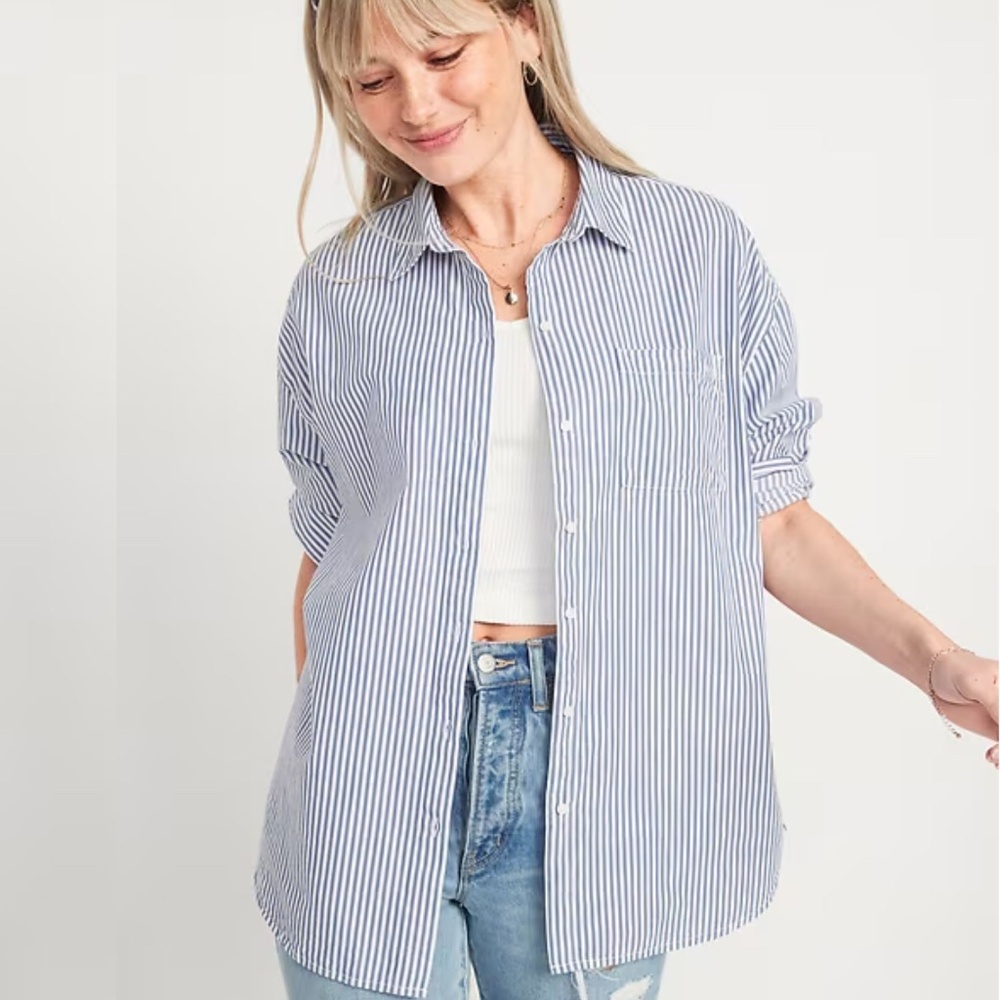 Old Navy Boyfriend Button Down Linen Blend Light Blue and White Stripe